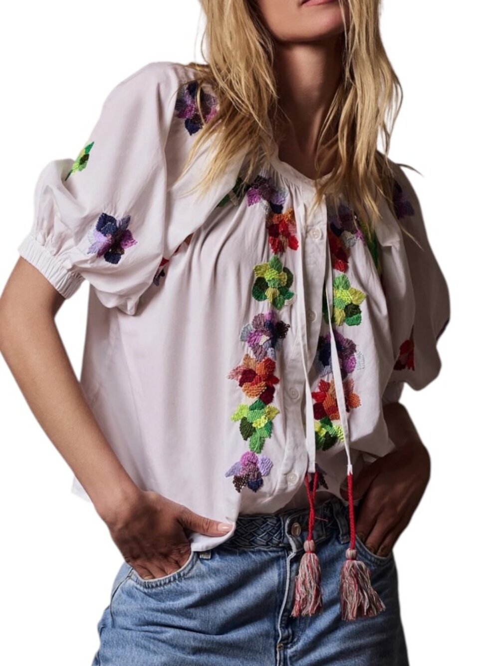 The Shirt Rochelle Behrens The 3/4 Sleeve Minka Shirt L White Sequin Floral